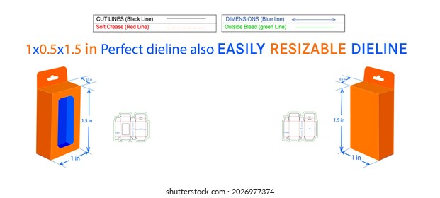 Hanging Window Box, Bottom Snap Lock Mobile Charger Box, 1x0.5x1.50in Box Dieline Packaging Design And 3D Box