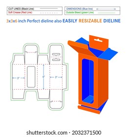 Hanging window box, snap lock mobile charger box, 3x3x6 inch box dieline packaging design and 3D box