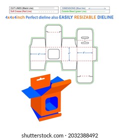 Hanging window box, square snap lock mobile charger box, 4x4x4 inch box dieline packaging design and 3D box