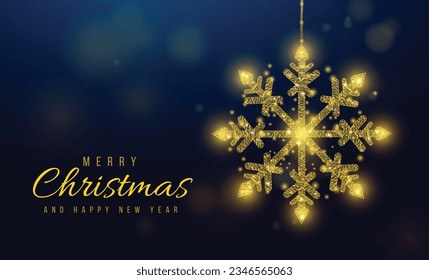 Hanging Wireframe Gold Schneeflocke im Low-Poly-Stil. Weihnachten- und Neujahrskonzept. Abstrakte moderne Vektorgrafik auf Bokeh-Hintergrund