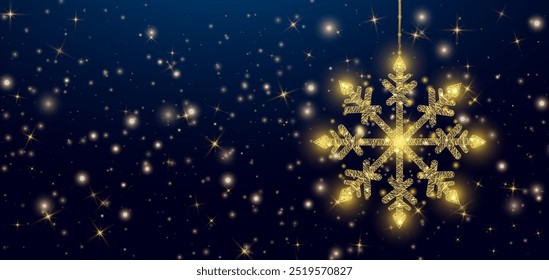 Copo de nieve colgante del oro del marco de alambre en estilo polivinílico bajo. Navidades y concepto de Año Nuevo. Ilustración vectorial moderna Abstractas sobre fondo bokeh