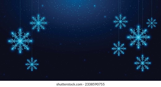Hanging wireframe snowflakes in low poly style. Christmas and New Year concept. Abstract modern vector illustration isolated on blue background.
