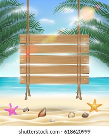 Hanging Wood Board With Sea Sand Beach Background