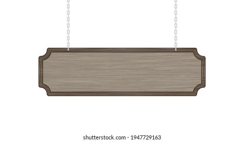 Hanging wood sign. Brown empty signboard on silver metal chains. Vector illustration isolated on white.