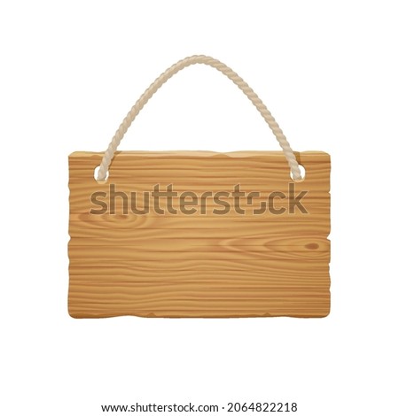 Hanging wooden board with rope. Vector realistic signboard from wood plank with string isolated on white background. Old timber banner, empty rustic signage