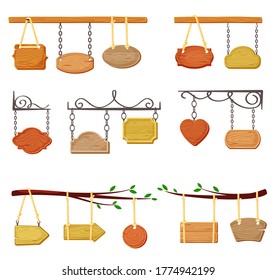 Hanging wooden signboards banners set. Empty color templates suspended openwork chains and ropes retro pointers bars saloons stylish old solid wood billboards natural design. Cartoon vector message.