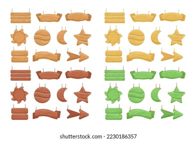 Cartas de madera colgadas en las ilustraciones vectoriales de las cuerdas. Colección de dibujos animados de carteles de madera de diferentes formas aislados en fondo blanco. Instrucción, concepto de anuncio