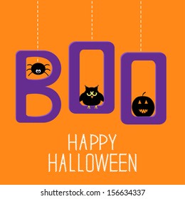 Hanging word BOO with spider, owl and pumpkin . Happy Halloween card. Vector illustration.