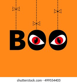 Hanging word BOO text with red eyes. Evil eyeballs. Dash line thread, bow. Happy Halloween. Greeting card. Flat design. Orange background. Vector illustration