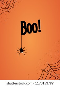Hanging word Boo text with spider. Happy Halloween greeting card