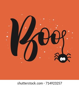 Hanging word Boo text with spider. Happy Halloween greeting card.