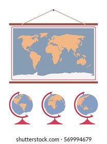 Hanging world map, decoration to accent office or home walls, poster for educational purpose at school class for geographers, flat representation of the surface of the Earth, travelling guide