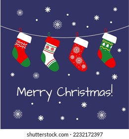 Hanging Xmas socks. Winter gifts. Happy green and red holiday stockings. Merry Christmas celebrations. Santa presents and snowflakes. Festive season decoration. Vector tidy greeting card