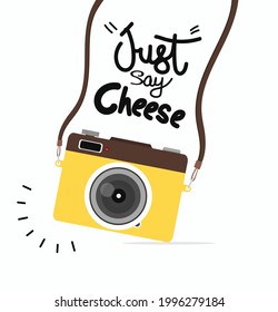Hanging yellow camera with stylish lettering vector