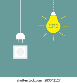 Hanging Yellow Light Bulb, Socket, Cord Plug. Idea Concept. Flat Design Vector Illustration.