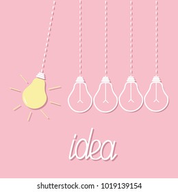 Hanging yellow light bulb. Switch on off lamp. Perpetual motion. Dash line. Idea concept. Flat design. Pink pastel background. Vector illustration