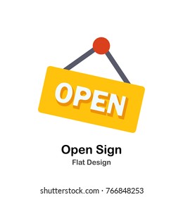 hanging yellow open sign flat illustration icon
