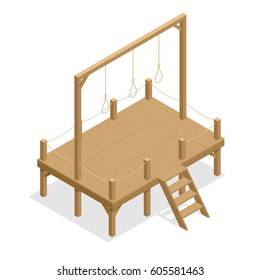 Hangman game vector drawing, suicide rope. Isometric gallows Flat 3d illustration. For infographics, game and design.