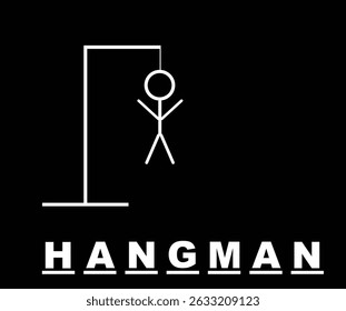 Ilustración vectorial del juego del ahorcado aislado en fondo negro. Colgar el hombre adivinando el contorno de la línea del icono del juego. Adivina la estrategia. Cuerpo humano en la cuerda. Juego de palabras dibujado a mano juego de niños.