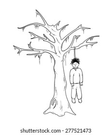 hangman and the tree on white background, sketch, isolated