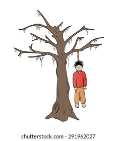 hangman and the tree on white background, sketch, isolated