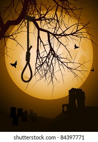Hangman's noose hanging from a bare tree against a full moon with abbey and grave yard in background