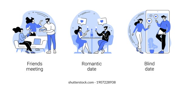 Hangouts conjunto de ilustraciones vectoriales de concepto abstracto. Reunión de amigos, cita romántica ciega, tiempo de ocio, compañero de alma, relación romántica, historia de amor, día de San Valentín, metáfora abstracta de restaurante.