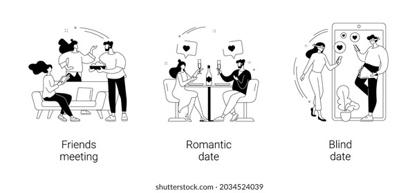 Hangouts abstract concept vector illustration set. Friends meeting, romantic blind date, leisure time, soul mate, romantic relationship, love story, Valentine day, restaurant abstract metaphor.