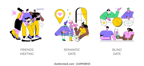 Hangouts conjunto de ilustraciones vectoriales de concepto abstracto. Reunión de amigos, cita romántica ciega, tiempo de ocio, compañero de alma, relación romántica, historia de amor, día de San Valentín, metáfora abstracta de restaurante.