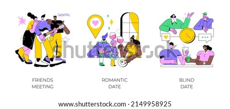 Hangouts abstract concept vector illustration set. Friends meeting, romantic blind date, leisure time, soul mate, romantic relationship, love story, Valentine day, restaurant abstract metaphor.