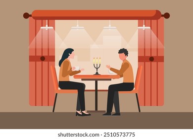 Hangouts with food and drinks. Colored flat vector illustration isolated.