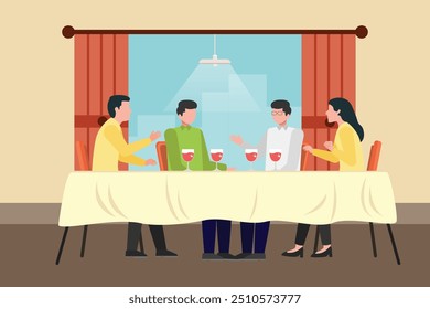 Hangouts mit Essen und Getränken. Farbige, flache Vektorgrafik einzeln.