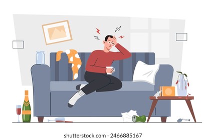 Hangover after a drunken binge. Man is sitting on a couch with bottles and trash scattered around him. Alcohol addiction, alcoholism. Mental issues and psychological problems. Flat vector illustration