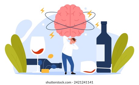 Hangover from alcohol overdose. Tiny drunkard suffering from dizzy problem and nausea, unhappy man with mental stress and strong migraine after booze and liquor party cartoon vector illustration