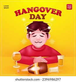 Día de resaca. Hombre ebrio con bebidas y botellas de alcohol sobre la mesa. 3d vector, adecuado para eventos