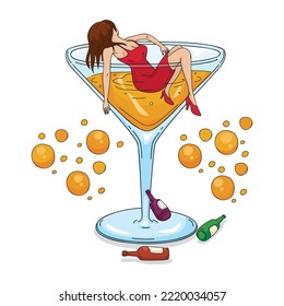 Hangover drunk woman is lying in a giant glass, alcohol addiction, illustrator vector cartoon drawing