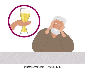 Hangover. Mature elderly man holds his head with her hands, experiencing headache, nausea, stress. Human hand with beer glass. Suffering from yesterday's alcohol consumption. Flat vector illustration.