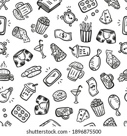 Hangover and Mess After Party Concept. Vector Seamless Pattern of Hand Drawn Doodle Various Household Items and Fast Food Icons. Lifestyle Stuff Signs.