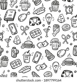 Hangover and Mess After Party Concept. Vector Seamless Pattern of Hand Drawn Doodle Various Household Items and Fast Food Icons. Lifestyle Stuff Signs.