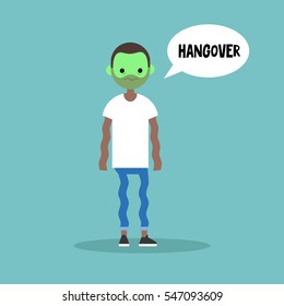 Hangover. Sick shivering black man with green face / flat vector cartoon illustration, clip art