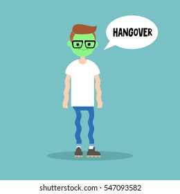 Hangover. Sick shivering young nerd with green face / flat vector cartoon illustration, clip art