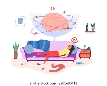 Hangover. Woman Alcohol Addiction, Addicted Alcoholic Sleep In Mess Home Brain Headache From Bad Habit Drinking Red Wine Aperitif Liquor Beverages Binge Drinker Vector Illustration