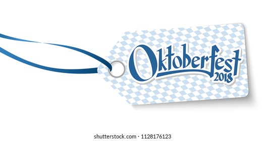 hangtag with blue white checkered pattern and text Willkommen zum Oktoberfest 2018 (in german)