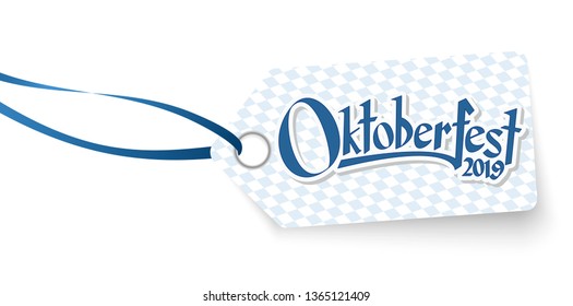 hangtag with blue white checkered pattern and text Willkommen zum Oktoberfest 2019 (in german)