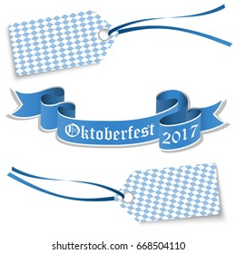 hangtags with blue white checkered pattern and banner with text Oktoberfest 2017 (in german)