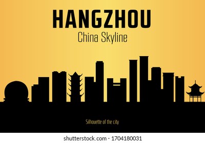 Hangzhou China city silhouette and yellow background. Hangzhou China Skyline.
