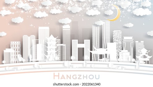 Hangzhou China City Skyline in Paper Cut Style with White Buildings, Moon and Neon Garland. Vector Illustration. Travel and Tourism Concept. Hangzhou Cityscape with Landmarks.