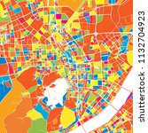 Hangzhou, China, colorful vector map.  White streets, railways and water. Bright colored landmark shapes. Art print pattern.