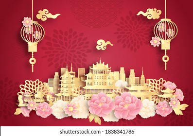 Hangzhou, China with world famous landmarks and beautiful Chinese lantern in paper cut style vector illustration