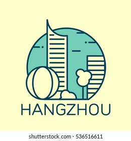 Hangzhou city icon flat stroke style.Two colors of icon and one color of background. Works well in monochrome also. Very flexible illustration. Vector